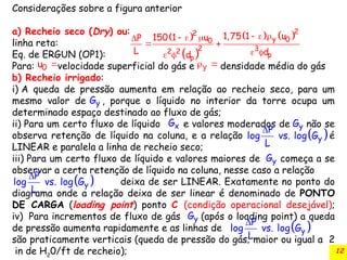 12
Considerações sobre a figura anterior
a) Recheio seco (Dry) ou:
linha reta:
Eq. de ERGUN (OP1):
Para: velocidade superficial do gás e densidade média do gás
b) Recheio irrigado:
i) A queda de pressão aumenta em relação ao recheio seco, para um
mesmo valor de , porque o líquido no interior da torre ocupa um
determinado espaço destinado ao fluxo de gás;
ii) Para um certo fluxo de líquido e valores moderados de não se
observa retenção de líquido na coluna, e a relação é
LINEAR e paralela a linha de recheio seco;
iii) Para um certo fluxo de líquido e valores maiores de começa a se
observar a certa retenção de líquido na coluna, nesse caso a relação
deixa de ser LINEAR. Exatamente no ponto do
diagrama onde a relação deixa de ser linear é denominado de PONTO
DE CARGA (loading point) ponto C (condição operacional desejável);
iv) Para incrementos de fluxo de gás (após o loading point) a queda
de pressão aumenta rapidamente e as linhas de
são praticamente verticais (queda de pressão do gás; maior ou igual a 2
in de H2
0/ft de recheio);
y
G
x
G y
G
 

y
P
log vs. log G
L
y
G
 

y
P
log vs. log G
L
y
G
 

y
P
log vs. log G
L
 
 
   
  
  

 
 
 
2
2
y 0
0
2 3
2 2 p
p
1,75 1 u
150 1 u
P
L d
d

0
u y
 
 