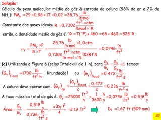 20
Solução:
Cálculo do peso molecular médio do gás à entrada da coluna (98% de ar e 2% de
NH3
):     
y
lb
PM 29 0,98 17 0,02 28,76
lbmol



3
ft atm
R 0,7302
lbmol R
       
R T( F) 460 68 460 528 R
 


   
 


y
y 3 3
lb
28,76 1,0 atm
PM P lb mol lb
0,0746
R T ft atm ft
0,7302 528 R
lb mol R
 
'
x x
'
y y
G G
1
G G
   

y 2
flood
lb
G 1700 inundação
ft h
ou   
y 2
flood
lb
G 0,472
ft s
 
 
  
y
flood
y 2
op
G 0, 472 lb
G 0,236
2 2 ft s
   
3
'
y 3
ft 1 h lb lb
G 25000 0,0746 0,518
h 3600 s s
ft
 

   
' 2
y T 2
y
2
lb
0,518
G D
s
Área 2,19 ft
lb
G 4
0,236
ft s
Constante dos gases ideais:
então, a densidade media do gás é :
(a) Utilizando a Figura 6 (selas Intalox de 1 in), para temos:
A taxa mássica total de gás é:
A coluna deve operar com:

T
D 1,67 ft (509 mm)
 