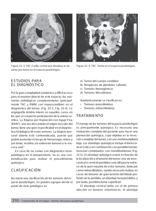 210 • Fundamentos de Oncología / Tumores del espacio parafaríngeo
E S TUDIOS PARA
E L DIAGNÓS TICO
Por la gran complejidad anatómica y difícil acceso
para el examen directo de este espacio, los exá-
menes radiológicos complementarios (principal-
mente TAC y RMN) son imprescindibles en el
diagnóstico del tumor. (Fig. 32-3, Fig. 32-4). La
angiografía tendría interés en aquellos casos en
los que se sospeche participación de la arteria ca-
rótica. La Biopsia por Aspiración con Aguja Fina
(BAAF), una vez descartado el origen vascular del
tumor, tiene una gran especificidad en el diagnós-
tico histológico de estos tumores. La biopsia tran-
soral abierta está contraindicada, puesto que
podría aumentar el riesgo de hemorragia, rotura y
por tanto, recidiva y/o extensión tumoral a la mu-
cosa oral.5
En caso de no contar con diagnóstico histo-
patológico en el preoperatorio, no es una con-
traindicación para realizar el procedimiento
quirúrgico.
CLAS IFICACIÓN
No existe una clasificación de los tumores del es-
pacio parafaríngeo. Se pueden agrupar desde el
punto de vista patológico en
a) Tumor del cuerpo carotídeo
b) Neoplasias de glándulas salivales
c) Tumores Neurogénicos
d) Tumores Misceláneos
Anatómicamente se clasifican en
• Tumores preestiloideos
• Tumores retroestiloideos
TRATAMIE NTO
El manejo de los tumores del espacio parafaríngeo
es principalmente quirúrgico. Es necesaria una
evaluación completa del paciente para hacer una
planeación quirúrgica, cuyo objetivo es la resec-
ción completa del tumor, con una morbimortalidad
baja. Los abordajes quirúrgicos incluye el transcer-
vical (solo o en combinación con parotidectomía),
transoral combinados con mandibulotomía (Fig.
32-5). El abordaje quirúrgico estará en función de
la localización y el tamaño del tumor; una vía trans-
cervical o cervical-parotídeo será útil para la exére-
sis de la gran mayoría de estos tumores, tanto pre
como retroestiloideos, siendo necesario realizar, en
casos de tumores de gran tamaño del lóbulo pro-
fundo de la parótida, un abordaje transparotídeo, y
por tanto, parotidectomía superficial.
El abordaje cervical debe ser el de primera
elección en tumores voluminosos; el abordaje
Figura 32- 3. TAC Cuello. Lesión que desplaza la vía
aérea por tumor en el espacio parafaríngeo.
Figura 32- 4. TAC. Tumor en el espacio parafaríngeo.
 