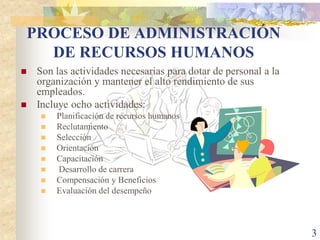 PROCESO DE ADMINISTRACIÓN
  DE RECURSOS HUMANOS
   Son las actividades necesarias para dotar de personal a la
    organización y mantener el alto rendimiento de sus
    empleados.
   Incluye ocho actividades:
       Planificación de recursos humanos
       Reclutamiento
       Selección
       Orientación
       Capacitación
       Desarrollo de carrera
       Compensación y Beneficios
       Evaluación del desempeño



                                                                 3
 