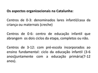 Os aspectos organizacionais na Catalunha:
Centros de 0-3: denominados lares infantil/casa da
criança ou maternais (creche)
Centros de 0-6: centro de educação infantil que
abrangem os dois ciclos da etapa, completos ou não.
Centros de 3-12: com pré-escola incorporados ao
ensino fundamental: ciclo da educação infantil (3-6
anos)juntamente com a educação primária(7-12
anos).
 