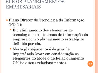 SI E OS PLANEJAMENTOS
EMPRESARIAIS

 Plano Diretor de Tecnologia da Informação
 (PDTI):
   É o alinhamento dos elementos...