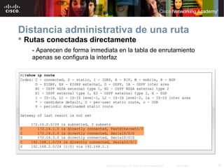 22© 2007 Cisco Systems, Inc. Todos los derechos reservados. Cisco Public
Distancia administrativa de una ruta
 Rutas conectadas directamente
- Aparecen de forma inmediata en la tabla de enrutamiento
apenas se configura la interfaz
 