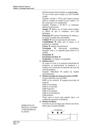 Administración de Empresas
Política y Estrategia Empresarial

                                       Defensa de posiciones basadas en exclusividad:
                                       Yo soy el único que lo tengo y yo solo lo puedo
                                       vender.
                                       Ejemplo: camisas a 150 $, gran negocio porque
                                       nadie te compite en cambio lo que venden a 15
                                       Bs, tienen que vivir compitiendo.
                                       Ejemplo: Panchito a 20 Bs!!!!, es netamente
                                       defensa de posiciones.
                                       Imagen  Marca, etc. Si tienes buena imagen
                                       es difícil de que te compitan, sirve para
                                       defenderte.
                                       Packeting  Enorme herramienta de defensa y
                                       de ataque. Ejemplo baso desechable.
                                       Calidad  Esta en la percepción del cliente.
                                       Confiabilidad  Saber que es bueno, si el
                                       producto es confiable.
                                       Gustos  sondeos de preferencia
                                       Tecnología            Innovación    tecnológica.
                                       Ejemplo: sony, y su segundo punto fuerte es la
                                       calidad.
                                       Promoción 
                                       Extensiones de línea 
                                       Propiedad -> Comprar al competidor.
                                    2. Defensa móvil
                                       Se centra en torno a la situación planificada de
                                       productos, al mejoramiento de producto y a
                                       cambios en la extensión de duración del ciclo de
                                       vida del producto.
                                       Ejemplo: Mitsubishi  cambia de modelo
                                       constantemente.
                                    3. Defensa de golpe de mano preventivo (GMP)
                                       Existen diferentes tipos de GMP:
                                       GMP en los recursos  asegurar provisión de
                                       insumos.
                                       GMP en tecnología
                                       GMP en el mercado
                                       GMP financiero
                                       GMP en la clientela
                                       GMP en la distribución
                                       GMP políticos
                                       Todos estos te sirven para quitarle ritmo a la
                                       competencia ponerle un obstáculo.
                                    4. Defensa de flanco
                                       Consiste en que tu tengas que reforzar uno de tus
             DEBILITAS UN              flanco que no estaba atendido.
             POCO EL CENTRO
             Y DEFIENDES EL                           ATAQUES
             FLANCO




Julio Zuna
Pág. 12
 