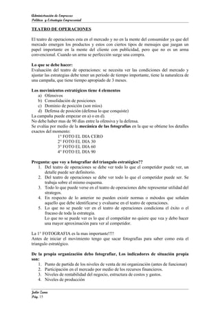 Administración de Empresas
Política y Estrategia Empresarial

TEATRO DE OPERACIONES

El teatro de operaciones esta en el mercado y no en la mente del consumidor ya que del
mercado emergen los productos y estos con ciertos tipos de mensajes que juegan un
papel importante en la mente del cliente con publicidad, pero que no es un arma
convencional. Cuando un arma se perfección surge una compra.

Lo que se debe hacer:
Evaluación del teatro de operaciones: se necesita ver las condiciones del mercado y
ajustar las estrategias debe tener un periodo de tiempo importante, tiene la naturaleza de
una campaña, que tiene tiempo apropiado de 3 meses.

Los movimientos estratégicos tiene 4 elementos
    a) Ofensivos
    b) Consolidación de posiciones
    c) Dominio de posición (son míos)
    d) Defensa de posición (defensa lo que conquiste)
La campaña puede empezar en a) o en d).
No debe haber mas de 90 días entre la ofensiva y la defensa.
Se evalúa por medio de la mecánica de las fotografías en la que se obtiene los detalles
exactos del momento:
              1° FOTO EL DIA CERO
              2° FOTO EL DIA 30
              3° FOTO EL DIA 60
              4° FOTO EL DIA 90

Pregunta: que voy a fotografiar del triangulo estratégico??
   1. Del teatro de operaciones se debe ver todo lo que el competidor puede ver, un
      detalle puede ser definitorio.
   2. Del teatro de operaciones se debe ver todo lo que el competidor puede ser. Se
      trabaja sobre el mismo esquema.
   3. Todo lo que puede verse en el teatro de operaciones debe representar utilidad del
      strategos.
   4. En respecto de lo anterior no pueden existir normas o métodos que señalen
      aquello que debe identificarse y evaluarse en el teatro de operaciones.
   5. Lo que no se puede ver en el teatro de operaciones condiciona el éxito o el
      fracaso de toda la estrategia.
      Lo que no se puede ver es lo que el competidor no quiere que vea y debo hacer
      una mayor aproximación para ver al competidor.

La 1° FOTOGRAFIA es la mas importante!!!!
Antes de iniciar el movimiento tengo que sacar fotografías para saber como esta el
triangulo estratégico.

De la   propia organización debo fotografiar, Los indicadores de situación propia
son:
   1.   Punto de partida de los niveles de venta de mi organización (antes de funcionar)
   2.   Participación en el mercado por medio de los recursos financieros.
   3.   Niveles de rentabilidad del negocio, estructura de costos y gastos.
   4.   Niveles de producción

Julio Zuna
Pág. 15
 