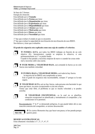 Administración de Empresas
Política y Estrategia Empresarial

Se hace de 2 formas:
Energía de situación
Esta definido por el Tamaño
Esta definido por la Forma que tiene
Esta definido por la Organización que tiene
Esta definido por el Experiencia que tiene
Esta definido por el Disponibilidad que tiene
Esta definido por el Alcance que tiene
Esta definido por el Motivación que tiene
Esta definido por el Deseo que tiene
Esta definido por el Necesidad que tiene

1° hay que evaluar el estado en que se encuentra
2° hay que evaluar la capacidad de movilización de movilización de esos RREE.
Son tácticos y tiene que evaluarlos.

El grado de exigencia esta explicado como una caja de cambio o 5 criterios:

              FUERZA ALTA, acá todos los RREE trabajan en función de un solo
 1           objetivo (Ej.: lanzamiento), cuando se empieza la ofensiva, si esta
             permanentemente en 1° se puede fundir.
             Cuando te has parado y necesitas empezar de nuevo o cuando las cosas están
             mal y necesitas subir una cuesta.

         FUER MEDIA y VELOCIDAD BAJA, acá comanda la fuerza ya no solo
 2      fuerza sino también velocidad.


              FUERZA BAJA y VELOCIDAD MEDIA, acá todavía hay fuerza.
 3              la mayoría de los RREE esta cumpliendo su tarea.
              Este el grado de exigencia más recomendable, siempre 3° porque es la más
              segura.

         VELOCIDAD ALTA, acá no hay fuerza, cada persona esta haciendo lo que
 4      tiene que hacer, en casos excepcionales se da este criterio.
        Tienes que estar libré, el problema es que es mucha velocidad y te puedes
        estrellar.

                   VELOCIDAD EXCEPCIONAL, es la cual no se planifica,
 5                situación excepcional no planificada y normalmente el competidor y las
                  condiciones te lo permiten.

        Recomendación: 3° la 5° es demasiado peligrosa, lo que puede haber ahí es una
        reacción concreta del competidor, es terreno desconocido.

                     En ciertos Momentos hay que hacer una pausa, te has parada porque
 NEUTR              quieres parar.


RESERVAS ESTRATEGICAS
Estas altamente vinculadas a 1°, 2°, 3°, 4°, 5°.

Julio Zuna
Pág. 24
 
