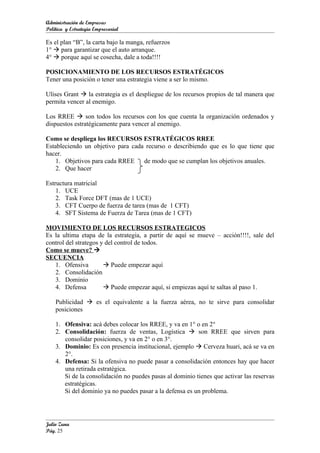 Administración de Empresas
Política y Estrategia Empresarial

Es el plan “B”, la carta bajo la manga, refuerzos
1°  para garantizar que el auto arranque.
4°  porque aquí se cosecha, dale a toda!!!!

POSICIONAMIENTO DE LOS RECURSOS ESTRATÉGICOS
Tener una posición o tener una estrategia viene a ser lo mismo.

Ulises Grant  la estrategia es el despliegue de los recursos propios de tal manera que
permita vencer al enemigo.

Los RREE  son todos los recursos con los que cuenta la organización ordenados y
dispuestos estratégicamente para vencer al enemigo.

Como se despliega los RECURSOS ESTRATÉGICOS RREE
Estableciendo un objetivo para cada recurso o describiendo que es lo que tiene que
hacer.
    1. Objetivos para cada RREE    de modo que se cumplan los objetivos anuales.
    2. Que hacer

Estructura matricial
    1. UCE
    2. Task Force DFT (mas de 1 UCE)
    3. CFT Cuerpo de fuerza de tarea (mas de 1 CFT)
    4. SFT Sistema de Fuerza de Tarea (mas de 1 CFT)

MOVIMIENTO DE LOS RECURSOS ESTRATEGICOS
Es la ultima etapa de la estrategia, a partir de aquí se mueve – acción!!!!, sale del
control del strategos y del control de todos.
Como se mueve? 
SECUENCIA
   1. Ofensiva          Puede empezar aquí
   2. Consolidación
   3. Dominio
   4. Defensa           Puede empezar aquí, si empiezas aquí te saltas al paso 1.

    Publicidad  es el equivalente a la fuerza aérea, no te sirve para consolidar
    posiciones

    1. Ofensiva: acá debes colocar los RREE, y va en 1° o en 2°
    2. Consolidación: fuerza de ventas, Logística  son RREE que sirven para
       consolidar posiciones, y va en 2° o en 3°.
    3. Dominio: Es con presencia institucional, ejemplo  Cerveza huari, acá se va en
       2°.
    4. Defensa: Si la ofensiva no puede pasar a consolidación entonces hay que hacer
       una retirada estratégica.
       Si de la consolidación no puedes pasas al dominio tienes que activar las reservas
       estratégicas.
       Si del dominio ya no puedes pasar a la defensa es un problema.




Julio Zuna
Pág. 25
 