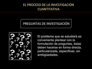 EL PROCESO DE LA INVESTIGACIÓN
        CUANTITATIVA



PREGUNTAS DE INVESTIGACIÓN


        El problema que se estudiará es
        conveniente plantear con la
        formulación de preguntas, éstas
        deben hacerse en forma directa,
        particularizada, específicas, sin
        ambigüedades.
 