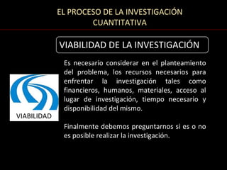 EL PROCESO DE LA INVESTIGACIÓN
                     CUANTITATIVA

             VIABILIDAD DE LA INVESTIGACIÓN
              Es necesario considerar en el planteamiento
              del problema, los recursos necesarios para
              enfrentar la investigación tales como
              financieros, humanos, materiales, acceso al
              lugar de investigación, tiempo necesario y
              disponibilidad del mismo.
VIABILIDAD
              Finalmente debemos preguntarnos si es o no
              es posible realizar la investigación.
 