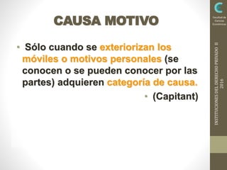 INSTITUCIONESDELDERECHOPRIVADOII
2016
Facultad de
Ciencias
EconómicasCAUSA MOTIVO
• Sólo cuando se exteriorizan los
móviles o motivos personales (se
conocen o se pueden conocer por las
partes) adquieren categoría de causa.
• (Capitant)
 