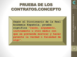 INSTITUCIONESDELDERECHOPRIVADOII
2016
Facultad de
Ciencias
Económicas
PRUEBA DE LOS
CONTRATOS.CONCEPTO
54
Según el Diccionario de la Real
Academia Española, prueba
significa “razón, argumento,
instrumento u otro medio con
que se pretende mostrar y hacer
patente la verdad o falsedad de
algo”.
 