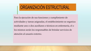Para la ejecución de sus funciones y cumplimiento de
actividades y tareas asignadas, el establecimiento se organiza
mediante uno o dos auxiliares o técnicos en enfermería, el o
los mismos serán los responsables de brindar servicios de
atención al usuario externo.
 