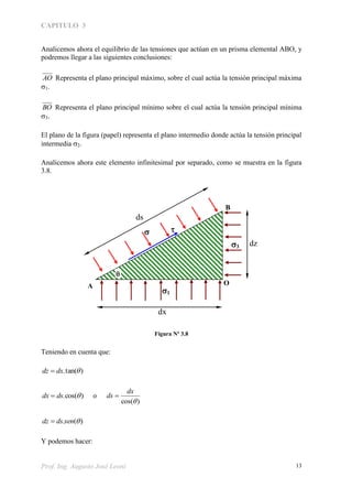 CAPITULO 3
Prof. Ing. Augusto José Leoni 13
Analicemos ahora el equilibrio de las tensiones que actúan en un prisma elemental ABO, y
podremos llegar a las siguientes conclusiones:
AO Representa el plano principal máximo, sobre el cual actúa la tensión principal máxima
1.
BO Representa el plano principal mínimo sobre el cual actúa la tensión principal mínima
3.
El plano de la figura (papel) representa el plano intermedio donde actúa la tensión principal
intermedia 2.
Analicemos ahora este elemento infinitesimal por separado, como se muestra en la figura
3.8.
Figura Nº 3.8
Teniendo en cuenta que:
)tan(. dxdz 
)cos(. dsdx  o
)cos(
dx
ds 
)(. sendsdz 
Y podemos hacer:
A O
B
3
1
 
dz
dx
ds

 