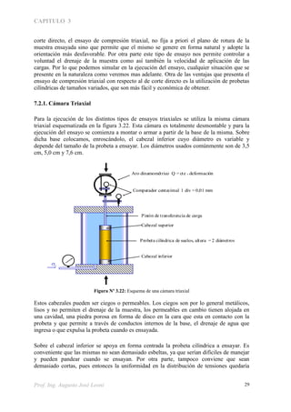 CAPITULO 3
Prof. Ing. Augusto José Leoni 29
corte directo, el ensayo de compresión triaxial, no fija a priori el plano de rotura de la
muestra ensayada sino que permite que el mismo se genere en forma natural y adopte la
orientación más desfavorable. Por otra parte este tipo de ensayo nos permite controlar a
voluntad el drenaje de la muestra como así también la velocidad de aplicación de las
cargas. Por lo que podemos simular en la ejecución del ensayo, cualquier situación que se
presente en la naturaleza como veremos mas adelante. Otra de las ventajas que presenta el
ensayo de compresión triaxial con respecto al de corte directo es la utilización de probetas
cilíndricas de tamaños variados, que son más fácil y económica de obtener.
7.2.1. Cámara Triaxial
Para la ejecución de los distintos tipos de ensayos triaxiales se utiliza la misma cámara
triaxial esquematizada en la figura 3.22. Esta cámara es totalmente desmontable y para la
ejecución del ensayo se comienza a montar o armar a partir de la base de la misma. Sobre
dicha base colocamos, enroscándolo, el cabezal inferior cuyo diámetro es variable y
depende del tamaño de la probeta a ensayar. Los diámetros usados comúnmente son de 3,5
cm, 5,0 cm y 7,6 cm.Ensayos triaxiales: Descripción del equipo de ensayo
3
Aro dinamométrico Q = cte x deformación
Comparador centecimal 1 div = 0,01 mm
Probeta cilíndrica de suelos, altura = 2 diámetros
Cabezal superior
Cabezal inferior
Pistón de transferencia de carga
Figura Nº 3.22: Esquema de una cámara triaxial
Estos cabezales pueden ser ciegos o permeables. Los ciegos son por lo general metálicos,
lisos y no permiten el drenaje de la muestra, los permeables en cambio tienen alojada en
una cavidad, una piedra porosa en forma de disco en la cara que esta en contacto con la
probeta y que permite a través de conductos internos de la base, el drenaje de agua que
ingresa o que expulsa la probeta cuando es ensayada.
Sobre el cabezal inferior se apoya en forma centrada la probeta cilíndrica a ensayar. Es
conveniente que las mismas no sean demasiado esbeltas, ya que serían difíciles de manejar
y pueden pandear cuando se ensayan. Por otra parte, tampoco conviene que sean
demasiado cortas, pues entonces la uniformidad en la distribución de tensiones quedaría
 