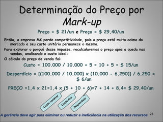 Determinação do Preço por
Mark-up
Preço = $ 21/un e Preço = $ 29,40/un
Então, a empresa MK perde competitividade, pois o preço está muito acima do
mercado e seu custo unitário permanece o mesmo.
Para explorar o porquê desse impasse, recalcularemos o preço após a queda nas
vendas, analisando o custo ideal:
O cálculo do preço de venda foi:
Custo = 100.000 / 10.000 + 5 = 10 + 5 = $ 15/un
Desperdício = [(100.000 / 10.000) x (10.000 - 6.250)] / 6.250 =
$ 6/un
PREÇO =1,4 x 21=1,4 x (5 + 10 + 6)=7 + 14 + 8,4= $ 29,40/un
23
Custo
variável
Custo
fixo
Desperdício
A gerência deve agir para eliminar ou reduzir a ineficiência na utilização dos recursos
 