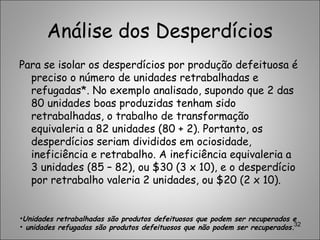 Análise dos Desperdícios
Para se isolar os desperdícios por produção defeituosa é
preciso o número de unidades retrabalhadas e
refugadas*. No exemplo analisado, supondo que 2 das
80 unidades boas produzidas tenham sido
retrabalhadas, o trabalho de transformação
equivaleria a 82 unidades (80 + 2). Portanto, os
desperdícios seriam divididos em ociosidade,
ineficiência e retrabalho. A ineficiência equivaleria a
3 unidades (85 – 82), ou $30 (3 x 10), e o desperdício
por retrabalho valeria 2 unidades, ou $20 (2 x 10).
32
•Unidades retrabalhadas são produtos defeituosos que podem ser recuperados e
• unidades refugadas são produtos defeituosos que não podem ser recuperados.
 