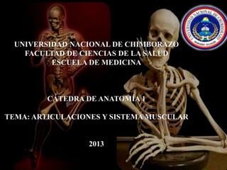 UNIVERSIDAD NACIONAL DE CHIMBORAZO
FACULTAD DE CIENCIAS DE LA SALUD
ESCUELA DE MEDICINA
CÁTEDRA DE ANATOMÍA 1
TEMA: ARTICULACIONES Y SISTEMA MUSCULAR
2013
 