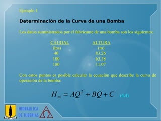 Ejemplo 1 Determinación de la Curva de una Bomba    Los datos suministrados por el fabricante de una bomba son los siguientes:   CAUDAL   ALTURA   (lps)   (m)   40 83.26   100 63.58   180 11.07   Con estos puntos es posible calcular la ecuación que describe la curva de operación de la bomba: (4.4) 
