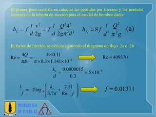 El primer paso consiste en calcular las pérdidas por fricción y las pérdidas menores en la tubería de succión para el caudal de bombeo dado: El factor de fricción se calcula siguiendo el diagrama de flujo  2a o  2b 