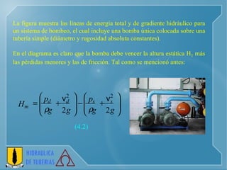 La figura muestra las líneas de energía total y de gradiente hidráulico para un sistema de bombeo, el cual incluye una bomba única colocada sobre una tubería simple (diámetro y rugosidad absoluta constantes). En el diagrama es claro que la bomba debe vencer la altura estática H T  más las pérdidas menores y las de fricción. Tal como se mencionó antes: (4.2)                     g g p g g p H s s d d m 2 2 2 2 v v   