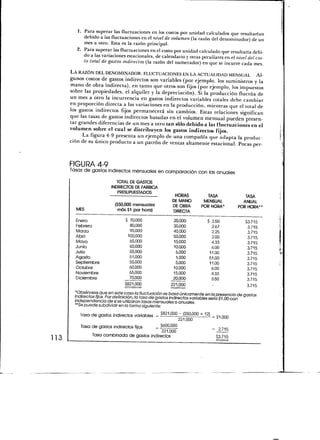 1. Para superar las fluctuaciones en los costos por unidad calculados que resultarían
           debido a las fluctuaciones en el nivel de volumen (la razón del denominador) de un
           mes a otro. Esta es la razón principal.
        2. Para superar las fluctuaciones en el costo por unidad calculado que resultaría debi-
           do a las variaciones estacionales, de calendario y otras peculiares en el nivel del cos-
           to total de gastos indirectos (la razón del numerador) en que se incurre cada mes.

      LA RAZÓN DEL DENOMINADOR: FLUCTUACIONES EN LA ACTUALIDAD MENSUAL Al-
      gunos costos de gastos indirectos son variables (por ejemplo, los suministros y la
      mano de obra indirecta), en tanto que otros son fijos (por ejemplo, los impuestos
      sobre las propiedades, el alquiler y la depreciación). Si la producción fluctúa de
      un mes a otro la incurrencia en gastos indirectos variables totales debe cambiar
      en proporción directa a las variaciones en la producción, mientras que el total de
      los gastos indirectos fijos permanecerá sin cambios. Estas relaciones significan
      que las tasas de gastos indirectos basadas en el volumen mensual pueden presen-
      tar grandes diferencias de un mes a otro tan sólo debido a las fluctuaciones en el
      volumen sobre el cual se distribuyen los gastos indirectos fijos.
            La figura 4-9 presenta un ejemplo de una compañía que adapta la produc-
      ción de su único producto a un patrón de ventas altamente estacional. Pocas per-



      FIGURA 4-9
      Tasas de gastos indirectos mensuales en comparación con las anuales

                             TOTAL DE GASTOS
                          INDIRECTOS DE FABRICA
                             PRESUPUESTADOS
                                                        HORAS          TASA                TASA
                                                       DE MANO        MENSUAL            ANUAL
                            ($50,000 mensuales         DE OBRA       POR HORA*         POR HORA*
         MES                  más $1 por hora)          DIRECTA

         Enero                   $ 70,000               20,000          $ 3.50             $3.715
         Febrero                   80,000               30,000            2.67              3.715
         Marzo                     90,000               40,000            2.25              3.715
         Abril                    100,000               50,000            2.00              3.715
         Mayo                      65,000               15,000            4.33              3.715
         Junio                     60,000               10,000            6.00              3.715
         Julio                     55,000                5,000           11.00              3.715
         Agosto                    51,000                1,000           51.00              3.715
         Septiembre                55,000                5,000           11.00              3.715
         Octubre                   60,000               10,000            6.00              3.715
         Noviembre                 65,000               15,000            4.33              3.715
         Diciembre                 70,000               20,000            3.50              3.715
                                 $821,000              221,000                              3.715

         *Obsérvese que en este caso la fluctuación se basa únicamente en lapresencia de gastos
         indirectos fijos. Por definición, la tasa de gastos indirectos variables sería $1.00 con
         independencia de si se utilizaran tasas mensuales o anuales.
         "Se puede subdividir en la forma siguiente:
           lasa de gastos indirectos variables = $821^0 H[$5W)00 x 13 = $lu00

                                                  $600,000
            Tasa de gastos indirectos fijos                                = 2.715
                                                221,000
                 Tasa combinada de gastos indirectos                         $3,715
113
 