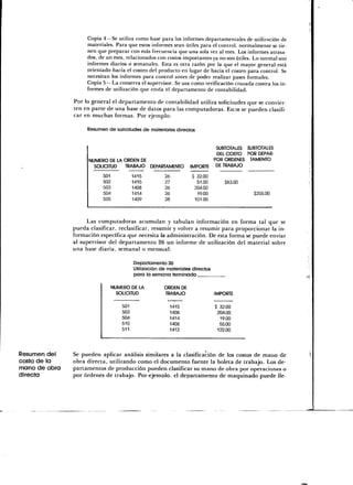 Copia 4—Se utiliza como base para los informes departamentales de utilización de
                    materiales. Para que estos informes sean útiles para el control, normalmente se tie-
                    nen que preparar con más frecuencia que una sola vez al mes. Los informes atrasa-
                    dos, de un mes, relacionados con costos importantes ya no son útiles. Lo normal son
                    informes diarios o semanales. Esta es otra razón por la que el mayor general está
                    orientado hacia el costeo del producto en lugar de hacia el costeo para control. Se
                    necesitan los informes para control antes de poder realizar pases formales.
                    Copia 5 — La conserva el supervisor. Se usa como verificación cruzada contra los in-
                    formes de utilización que envía el departamento de contabilidad.

               Por lo general el departamento de contabilidad utiliza solicitudes que se convier-
               ten en parte de una base de datos para las computadoras. Estos se pueden clasifi-
               car en muchas formas. Por ejemplo:

                    Resumen de solicitudes de materiales directos


                                                                                SUBTOTALES SUBTOTALES
                                                                                DEL COSTO POR DEPAR-
                     NUMERO DE LA ORDEN DE                                     POR ORDENES TAMENTO
                       SOLICITUD  TRABAJO DEPARTAMENTO             IMPORTE      DE TRABAJO

                          501             1415         26          $ 32.00
                          502             1415         27            51.00         $83.00 '
                          503             1408         26           204.00
                          504             1414         26            19.00                    $255.00
                          505             1409         28           101.00



                    Las computadoras acumulan y tabulan información en forma tal que se
               pueda clasificar, reclasificar, resumir y volver a resumir para proporcionar la in-
               formación específica que necesita la administración. De esta forma se puede enviar
               al supervisor del departamento 26 un informe de utilización del material sobre
               una base diaria, semanal o mensual:

                                          Departamento 26
                                          Utilización de materiales directos
                                          para la semana terminada

                                NUMERO DE LA           ORDEN DE
                                  SOLICITUD            TRABAJO                 IMPORTE

                                    501                     1415               $ 32.00
                                    503                     1408                204.00
                                    504                     1414                 19.00
                                    510                     1408                 55.00
                                    511                     1412                122.00




Resumen del    Se pueden aplicar análisis similares a la clasificación de los costos de mano de
costo de la    obra directa, utilizando como el documento fuente la boleta de trabajo. Los de-
mano de obra   partamentos de producción pueden clasificar su mano de obra por operaciones o
directa        por órdenes de trabajo. Por-ejemolo. el departamento de maquinado puede lie-
 