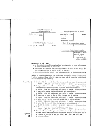 Control de almacenes de
                        materiales directos                        Control de producción en proceso
        Saldo, ene. 1 15,000                                  Saldo, ene. 1    1,000                40,000
                      35,000                                  Materiales
                                                                directos
                                                                solicitados 20,000
               Control de productos terminados                     Costo de las mercancías vendidas
        Saldo, ene. 1     10,000                20,000


                                                                    Nóminas de fábrica     acumuladas
                                                                                       Saldo, ene. 1 1,000
                                                                                       Ingresos brutos
                                                                                         de todos los
                                                                                         trabajadores de
                                                                                         la fábrica 40,000


              INFORMACIÓN ADICIONAL
                a. A Gastos indirectos de fábrica aplicados se acreditan todos los costos indirectos que
                   se aplican a las órdenes de producción.
                b. Las boletas de trabajo del mes sumaron 5,500 horas de mano de obra directa. To-
                   dos los trabajadores de la fábrica reciben $6 por hora.
                c. Los costos indirectos se aplican a una tasa de $4 por hora de mano de obra directa.

              Después de darle algunos minutos para examinar la información ofrecida, su viejo amigo
              le pide lo siguiente (colocar todas las respuestas en una hoja de respuestas; señalar la que
              crea correcta mediante una letra):

Requerido         1. El saldo al 31 de enero de Control de almacenes de materiales directos debe ser
                     a) 550,000 b) 525,000 c) 530,000 d) $20,000 e) $35,000 f) ninguno de éstos.
                  2. El importe del costo total de mano de obra directa que se debió cargar a todas las
                     órdenes individuales de producción trabajadas durante enero debe ser
                     a) $40, 000 b) $41, 000 c) $55,000 d) $30,000 e) $33,000 f) ninguno de éstos.
                  3. El costo indirecto total que se debió aplicar a la producción es
                     a) $17, 000 b) $75, 000 c) $40,000 d) $33,000 e) $24,000 f) ninguno de éstos.
                  4. El costo total de mano de obra de fábrica para el mes de enero es
                     a) $41,000 b) $40,000 c) 555,000 d) $33,000 e) 556,000 f) ninguno de éstos.
                  5. El saldo al 31 de enero de Control de producción en proceso debe ser
                     a) $75, 000 b) $77, 000 c) 576,000 d) $36,000 e) 535,000 f) ninguno de éstos.
                  6. El saldo al 31 de enero de Control de productos terminados debe ser
                     a) $5, 000 b) $10, 000 c) $20,000 d) $25,000 e) $30,000 f) ninguno de éstos.
                  7. El Costo de las mercancías vendidas durante enero fue
                     a) $40,000 b) $10,000 c) $20,000 d) $30,000 e) $50,000 f) ninguno de éstos.
                  8. El costo indirecto total en que se incurrió realmente durante el mes asciende a
                     $24,000. El saldo de Control de gastos indirectos de fábrica al finalizar enero debe ser
 Capítulo 4          a ) $24,000   b) $17,000 c) $26,000 d) $41, 000 e) $22,000 f) $2,000
     144             g) ninguno de éstos.
 