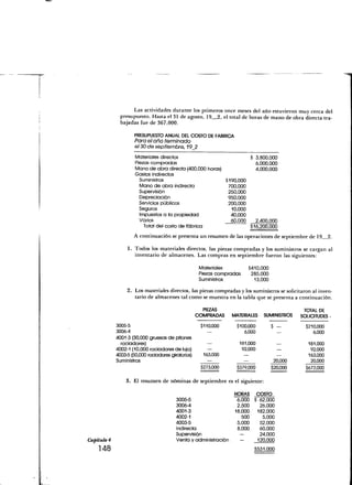 Las actividades durante los primeros once meses del año estuvieron muy cerca del
              presupuesto. Hasta el 31 de agosto, 19 2, el total de horas de mano de obra directa tra-
              bajadas fue de 367,000.

                     PRESUPUESTO ANUAL DEL COSTO DE FABRICA
                     Pora el año terminado
                     el 30 de septiembre, 19J2
                     Materiales directos                            S 3,800,000
                     Piezas compradas                                 6,000,000
                     Mano de obra directa (400,000 horas)             4,000,000
                     Gastos indirectos
                       Suministros                        $190,000
                       Mano de obra indirecta              700,000
                       Supervisión                         250,000
                       Depreciación                        950,000
                       Servicios públicos                  200,000
                       Seguros                               10,000
                       Impuestos a la propiedad             40,000
                       Varios                               6,0
                                                              000     24000
                                                                       ,0,0
                         Total del costo de fábrica                 $16,200,000
                     A continuación se presenta un resumen de las operaciones de septiembre de 19 2.

                  1. Todos los materiales directos, las piezas compradas y los suministros se cargan al
                     inventario de almacenes. Las compras en septiembre fueron las siguientes:

                                                      Materiales         $410,000
                                                      Piezas compradas    285,000
                                                      Suministros          13,000

                  2. Los materiales directos, las piezas compradas y los suministros se solicitaron al inven-
                     tario de almacenes tal como se muestra en la tabla que se presenta a continuación.

                                                       PIEZAS                                     TOTAL DE
                                                     COMPRADAS     MATERIALES     SUMINISTROS    SOLICITUDES

             3005-5                                   $110,000       $100,000       $     -        $210,000
             3006-4                                                     6,000                         6,000
             4001-3 (30,000 gruesas de pitones
               rociadores)                                            181,000                       181,000
             4002-1 (10,000 rociadores de lujo)                        92,000                        92,000
             4003-5 (50,000 rociadores giratorios)     163,000                                      163,000
             Suministros                                                                20,000       20,000
                                                      $273,000       $379,000       $20,000        $672,000


                  3. El resumen de nóminas de septiembre es el siguiente:

                                                                    HORAS       COSTO
                                          3005-5                     600 $ 6,0
                                                                      ,0     200
                                          3006-4                     2,500  26,000
                                          4001-3                    18,000 182,000
                                          4002-1                       500   5,000
                                          4003-5                     5,000  52,000
                                          Indirecta                  800
                                                                      ,0    6,0
                                                                             000
                                          Supervisión                 —     24,000
Capítulo 4                                Venta y administración      —    120,000
    148                                                                     $531.000
 