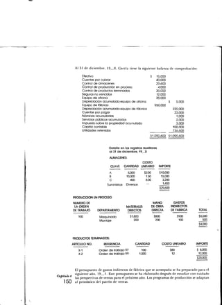 Al 31 de diciembre, 19 O, García tiene la siguiente balanza de comprobación:

                Efectivo                                           S    15,000
                Cuentas por cobrar                                      40,000
                Control de almacenes                                    29,600
                Control de producción en proceso                         4,000
                Control de productos terminados                         20,000
                Seguros no vencidos                                     12,000
                Equipo de oficina                                       20,000
                Depreciación acumulada-equipo de oficina                         S         5,000
                Equipo de fábrica                                      950,000
                Depreciación acumulada-equipo de fábrica                              220,000
                Cuentas por pagar                                                      23,000
                Nóminas acumuladas                                                      1,000
                Servicios públicos acumulados                                           2,000
                Impuesto sobre la propiedad acumulado                                   3,000
                Capital contable                                                      100,000
                Utilidades retenidas                                                  736,600
                                                                   $1,090,600 51,090,600


                                 Detalle en los registros auxiliares
                                 al 31 de diciembre, 19_0
                                 ALMACENES:
                                                        COSTO
                                  CLAVE       CANTIDAD UNITARIO           IMPORTE

                                 A              5,000        $2.00        $10,000
                                 B             10,000         1.50         15,000
                                 C                400         8.00          3,200
                                Suministros    Diversos                     1,400
                                                                          $29,600


          PRODUCCIÓN EN PROCESO
          NUMERO DE                                                   MANO             GASTOS
           LA ORDEN                            MATERIALES            DE OBRA         INDIRECTOS
          DE TRABAJO     DEPARTAMENTO           DIRECTOS             DIRECTA         DE FABRICA     TOTAL

             100           Maquinado             $1,800                $800                $900     $3,500
                           Montaje                  200                 200                 100        500
                                                                                                    $4,000




          PRODUCTOS TERMINADOS:
         ARTICULO NO.         REFERENCIA                CANTIDAD              COSTO UNITARIO       IMPORTE

             X-1          Orden de trabajo 97               100                      $80           $ 8,000
             X-2          Orden de trabajo 99             1,000                       12            12.000
                                                                                                   $20,000



           El presupuesto de gastos indirectos de fábrica que se acompaña se ha preparado para el
           siguiente año, 19 1. Este presupuesto se ha elaborado después de estudiar con cuidado
Capítulo 4
           las perspectivas de ventas para el próximo año. Los programas de producción se adaptan
     150 al pronóstico del patrón de ventas.
 