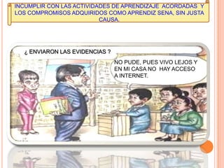 ¿ ENVIARON LAS EVIDENCIAS ?
NO PUDE, PUES VIVO LEJOS Y
EN MI CASA NO HAY ACCESO
A INTERNET.
INCUMPLIR CON LAS ACTIVIDADES DE APRENDIZAJE ACORDADAS Y
LOS COMPROMISOS ADQUIRIDOS COMO APRENDIZ SENA, SIN JUSTA
CAUSA.
 