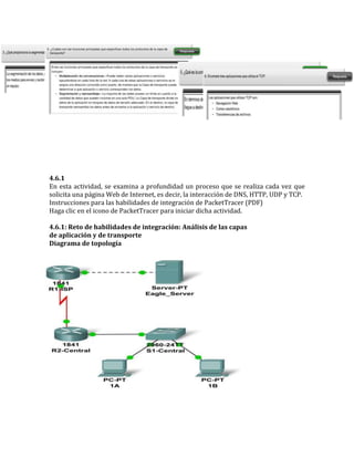4.6.1
En esta actividad, se examina a profundidad un proceso que se realiza cada vez que
solicita una página Web de Internet, es decir, la interacción de DNS, HTTP, UDP y TCP.
Instrucciones para las habilidades de integración de PacketTracer (PDF)
Haga clic en el icono de PacketTracer para iniciar dicha actividad.
4.6.1: Reto de habilidades de integración: Análisis de las capas
de aplicación y de transporte
Diagrama de topología
 