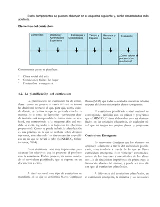 Estos componentes se pueden observar en el esquema siguiente y, serán desarrollados más
adelante.
Elementos del curriculum:
Contenidos

¿Qué?

Objetivos y
Aprendizajes
Esperados

¿Para qué?

Estrategias y
Metodologías

¿Cómo?

Tiempo y
Espacio

Recursos y
Medios

¿Cuándo? ¿Con qué?

Evaluación

¿Cómo valorar el
proceso y los
resultados?

Componentes que no se planifican:
*
*
*

Clima social del aula
Condiciones físicas del lugar
Contenidos emergentes.

4.2. La planificación del curriculum
La planificación del curriculum ha de entenderse como un proceso a través del cual se toman
las decisiones respecto al qué, para qué, cómo, cuándo dónde, en cuánto tiempo se pretende enseñar la
materia. Es la toma de decisiones curriculares donde también está comprendida la forma cómo se evaluará, que corresponde a la pregunta: ¿En qué medida se están logrando o se lograron los objetivos
propuestos?. Como se puede inferir, la planificación
es una práctica en la que se delibera sobre diversas
opciones, considerando las circunstancias específicas en las que se llevará a cabo (MINEDUC, Orientaciones, 2004)
Estas decisiones son muy importantes para
alcanzar los objetivos que se propone el profesor
con la enseñanza. Dicho proceso, da como resultado el curriculum planificado, que se expresa en un
documento escrito.

A nivel nacional, este tipo de curriculum se
manifiesta en lo que se denomina Marco Curricular

Básico (MCB) que todas las unidades educativas deberán
respetar al elaborar sus propios planes y programas.
El curriculum planificado a nivel nacional se
corresponde también con los planes y programas
que el MINEDUC tiene elaborados para ser desarrollados en las unidades educativas, de cualquier nivel, que no tengan sus propios planes y programas.

Curriculum Emergente.
Es importante consignar que los alumnos no
aprenden solamente a través del curriculum planificado, sino también a través de lo que se llama
curriculum emergente. Este “emerge” espontáneamente de los intereses y necesidades de los alumnos , o de situaciones imprevistas. Se presta para la
formación afectiva del alumno, y puede ser más eficaz que el curriculum planificado.
A diferencia del curriculum planificado, en
el curriculum emergente, la iniciativa y las decisiones

 