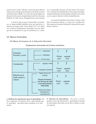 entorno que lo rodea. Además, es necesaria para elaborar
el proyecto curricular de la institución a partir de la matriz
curricular básica (MCB). Con todo ello, queda fijada una
dirección de la escuela compartida por todos los docentes,
dándole un “sello” que la distinguirá de las otras escuelas.
A nivel de aula, en que el responsable es el profesor, es imprescindible planificar para que profesor/a y
alumnos/as tengan claro “hacia donde van”. Los objetivos y todos los componentes curriculares son una “guía”
que da la orientación a lo que los profesores/as y alum-

nos /as pretenden alcanzar y de qué manera. Sin un proceso curricular bien planificado, la clase aparecerá improvisada, produciendo una lamentable confusión en los alumnos/as, quienes detectan la falta de planificación.
La acción de planificar le da orden a la clase y claridad a los alumnos respecto a lo que van a estudiar, también optimiza el tiempo, facilitando el desarrollo de aprendizajes efectivos.

4.5. Marcos Curriculares
4.5.1.Bases Curriculares de la Educación Parvularia
Componentes estructurales de las bases curriculares
Autonomía

Formación
Personal y social

Identidad
Convivencia

Comunicación

enguaje verbal

Lenguajes artísticos

Relación con el
medio natural y
cultural

Seres vivos y su
entorno
Grupos humanos,
sus formas de vida
y acontecimientos
relevantes

1
Primer
ciclo

1
Primer
ciclo

1
Primer
ciclo

2
segundo
ciclo

2
segundo
ciclo

2
segundo
ciclo

Relaciones lógicomatemáticas y
cuantificación
a. Ámbitos de experiencias para el aprendizaje. Son
tres y organizan el conjunto de las oportunidades que
el curriculum parvulario debe considerar en lo substancial.

b. Núcleos de aprendizaje. Son ocho y corresponden a focos de experiencias y aprendizajes al interior
de cada ámbito. Para cada uno de ellos se define un objetivo general.

 
