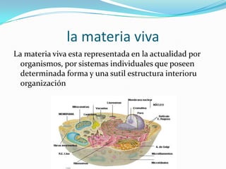 la materia viva
La materia viva esta representada en la actualidad por
organismos, por sistemas individuales que poseen
determinada forma y una sutil estructura interioru
organización
 