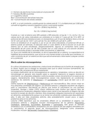 n = Número de electrones involucrados en el proceso OR
F = Faraday (96,500 coulombs)
Ln = Logaritmo natural
Red = Concentración del estado reducido
Ox = Concentración del estado oxidado
A 30°C, a un pH constante y substituyendo los valores para R, T, F y multiplicando por 2.302 para
convertir el logaritmo natural a logaritmo común, la ecuación queda:
Eη = Eo – (0.06/n) log (red/ox) ó
Eη = Eo + (0.06/n) log (ox/red)
Cuando ox = red, el sistema esta 50% oxidado y 50% reducido, el log de 1 = 0, y la Eη = Eo. Los
valores de Eo de varios indicadores son enlistados en la tabla 4.11 para pH de 7.0 a 30°C. el
potencial de OR esta interrelacionado a la temperatura y pH. El azul de Metileno tiene un Eo de
+0.101 volt a pH de 5.0, +0.011 volt a pH de 7.0 y de –0.050 volt a pH de 9, a 30°C.
Como se estableció en el capitulo 2, por el uso de estos indicadores, el potencial OR de un
sistema puede ser estimado. El indicador dará un color distinto al de la solución en el pH del
sistema que se esta estudiando. Desgraciadamente, algunos se comportan tanto como
indicadores de pH como de OR. Ellos pueden dar un color intenso en una solución alcalina,
pero en soluciones ácidas o neutrales rinden únicamente un débil tinte.
La Eη es una medida de la intensidad, no de la capacidad de un sistema. La capacidad es la
habilidad de envenenamiento, que actúa en una manera similar a los buffer que mantienen un
valor constante de pH. Un sistema se dice que esta envenenado si éste resiste cualquier cambio
en su potencial.
Efecto sobre los microorganismos
En cultivos microbianos las oxidaciones y reducciones simultáneas son la fuente de energía para
la célula. Puesto que la energía es necesaria para que la célula funcione normalmente, las
reacciones OR y el potencial OR son importantes.
La amplia clasificación de los microorganismos en aerobios y anaerobios, como se discutió en
microbiología en general, esta basado sobre su aparente tolerancia al oxigeno durante el
crecimiento. Los anaerobios obligados o estrictos pueden crecer únicamente en la ausencia de
oxigeno. Generalmente, éstos microorganismos crecen más rápidamente en condiciones
aeróbicas. No obstante, el Streptococo y el Lactobacillus crecen igual de bien con o sin
oxigeno.
Ciertas especies de Streptococcus y Pediococcus son microaerofílicos. Ellos crecen mejor en
muy pequeñas cantidades de oxigeno. Los aerobios estrictos u obligados requieren de oxigeno
para su crecimiento. Discutiendo los efectos que limitan el crecimiento en una bacteria
anaerobia, Hentges y Maier (1972) citaron referencias para mostrar que algunos tipos de
microorganismos anaerobios obligados fallaron para crecer al ser expuestos al oxigeno del aire
durante el manejo de dilución y siembra. Estos anaerobios obligados raramente son reportados
en alimentos, probablemente porque no se toman los suficientes cuidados para descubrirlos en
ellos. Si ellos son tales anaerobios estrictos, ellos probablemente causen poco, si algún,
problemas serios en los alimentos.
Loesche (1969) reportaron que los anaerobios difieren en su sensibilidad al oxigeno. Los
anaerobios estrictos u obligados incluyen microorganismos de los géneros Treponema,
Clostridium, Selenomas, Succinivibrio, Butyrivibrio y Lachnospira. Este grupo es llamado
anaeróbico con un metabolismo anoxybiotico (no son capaces de usar oxigeno atmosférico en
su crecimiento). El segundo grupo de microorganismos, designado como anaerobios
moderados, incluyen: Bacteroides, Fusobacterium, Clostridium
10
 