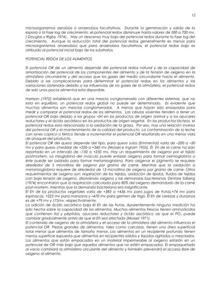 microorganismos aerobios o anaerobios facultativos. Durante la germinación y salida de la
espora o la fase lag de crecimiento, el potencial redox disminuye hasta valores de 500 a 700 mv.
( Douglas y Rigby 1974) . Hay un descenso muy bajo del potencial redox durante la fase log del
crecimiento. Aunque la reducción total del potencial redox generalmente es menos para
microorganismos anaerobios que para anaerobios facultativos, el potencial redox bajo es
atribuido al potencial inicial bajo de los substratos.
POTENCIAL REDOX DE LOS ALIMENTOS
El potencial OR de un alimento depende del potencial redox natural y de la capacidad de
amortización del potencial de los componentes del alimento y de la tensión de oxígeno en la
atmósfera circundante y del acceso que los gases del medio circundante hacia el alimento.
Debido a las complicaciones para determinar el potencial redox en los alimentos y las
variaciones obtenidas debido a las influencias de los gases de la atmósfera, el potencial redox
de solo unos pocos alimentos esta disponible.
Harrison (1972) estableció que en una mezcla conglomerada con diferentes sistemas, que no
esta en equilibrio, un potencial redox global no puede ser determinado. Es evidente que
muchos alimentos son mezclas conglomeradas. A menos que hayan sido ensayados para
medir y comparar el potencial redox de los alimentos. Las células vivientes tienden a tener un
potencial OR bajo debido a los grupos –SH en los productos de origen animal y a los azucares
reductores y el ácido ascórbico en los productos de origen vegetal. En los productos lácteos, el
potencial redox esta relacionado a la oxidación de la grasa. Por eso, hay una relación inversa
del potencial OR y el mantenimiento de la calidad del producto. La contaminación de la leche
con iones cúprico o férrico tiende a incrementar el potencial OR resultando en una menor vida
de anaquel del producto.
El potencial OR del queso depende del tipo, para queso suizo (Emmental) varía de –200 a –50
mv y para queso cheddar de +220 a +340 mv (Mossel e Ingram 1955). Él Eh de la carne ha sido
reportado en un intervalo de –150 a +250 mv. Hay un requerimiento de oxigeno por el tejido
postmortem. La mioglobina del músculo puede enlazar oxigeno para formar oximioglobina o
éste puede ser oxidado para formar metamioglobina. Para oxigenar el pigmento se requiere
alrededor de 5 microlitros de oxigeno por gramo de carne. Mientras que la oxidación a
metamioglobina requiere de alrededor de 13 microlitros de oxigeno por gramo de carne. Otros
requerimientos de oxigeno son: respiración de los tejidos, oxidación de lípidos, fluidos de tejidos
con baja tensión de oxigeno, disolviendo oxigeno y las demandas bacterianas. DeVore Sdberg
(1974) encontraron que la respiración calculada para 80% del oxigeno demandado de la carne
post-mortem, mientras que la demanda bacteriana era insignificante.
El Eh de los productos vegetales varía de +383 a +436 mv para jugos de frutas,+74 mv para
espinacas, +225 mv para manzana y –470 mv para germen de trigo. Él Eh de cerezas y duraznos
es de +79 mv y 175mv, respectivamente.
La adición de ácido ascórbico baja él Eh de las frutas. Aparentemente ninguna medición ha
sido hecha sobre la capacidad de los alimentos. Muchos alimentos frescos tienen aminoácidos
que contienen tiol y péptidos, azucares reductores y ácido ascórbico así que el PO2 puede
cambiar gradualmente antes de que el Eh sea afectado (Mossel 1971).
El contenido de oxigeno de la atmósfera y el acceso de la atmósfera del alimento influencia el
potencial OR. Piezas grandes de alimentos, tales como carcasas, tienen una área superficial
total menor que alimentos de tamaño menor. Los alimentos en un recipiente profundo tienen
menos superficie expuesta que alimentos en recipientes sólidos y líquidos agitados o mezclados.
Los alimentos que están empacados en un material impermeable al oxigeno estarán en un
potencial de OR más bajo que aquellos alimentos que no estén empacados. El empaquetado
al vacío cambiará la atmósfera circulante del alimento y también prevendrá el acceso libre de
oxigeno al alimento.
12
 