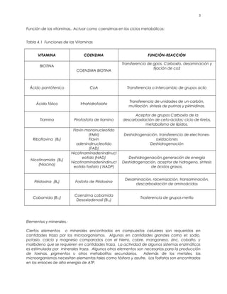 Función de las vitaminas,. Actuar como coenzimas en los ciclos metabólicos:
Tabla 4.1 Funciones de las Vitaminas
VITAMINA COENZIMA FUNCIÓN-REACCIÓN
BIOTINA
COENZIMA BIOTINA
Transferencia de gpos. Carboxilo, desaminación y
fijación de co2
Ácido pantótenico CoA Transferencia o intercambio de grupos acilo
Ácido fólico trtrahidrofolato
Transferencia de unidades de un-carbón,
mutilación, síntesis de purinas y pirimidinas.
Tiamina Pirofosfato de tiamina
Aceptor de grupos Carboxilo de la
descarboxilación de ceto-ácidos; ciclo de Krebs,
metabolismo de lípidos.
Riboflavina (B2)
Flavin mononucleotido
(FMN)
Flavin
adenindinucleotido
(FAD)
Deshidrogenación, transferencia de electrones-
oxidaciones
Deshidrogenación
Nicotinamida (B5)
(Niacina)
Nicotinaminadenindinucl
eotido (NAD)
Nicotinaminadenindinucl
eotido fosfato ( NADP)
Deshidrogenación,generación de energía
Deshidrogenación, aceptor de hidrogeno, síntesis
de ácidos grasos.
Piridoxina (B6) Fosfato de Piridoxina
Desaminación, racemización, transaminación,
descarboxilación de aminoácidos
Cobamida (B12)
Coenzima cobamida
Desoxiadenosil (B12)
Trasferencia de grupos metilo
Elementos y minerales.-
Ciertos elementos o minerales encontrados en compuestos celulares son requeridos en
cantidades traza por los microorganismos. Algunos en cantidades grandes como el: sodio,
potasio, calcio y magnesio comparados con el hierro, cobre, manganeso, zinc, cobalto, y
molibdeno que se requieren en cantidades traza. La actividad de algunos sistemas enzimáticos
es estimulada por minerales traza. Algunos otros elementos son necesarios para la producción
de toxinas, pigmentos u otros metabolitos secundarios. Además de los metales, los
microorganismos necesitan elementos tales como fósforo y azufre. Los fosfatos son encontrados
en los enlaces de alta energía de ATP.
3
 