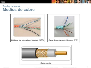 Presentation_ID 
16 
© 2008 Cisco Systems, Inc. Todos los derechos reservados. 
Información confidencial de Cisco 
Cables de cobreMedios de cobre 
Cable de par trenzado blindado (STP) 
Cable de par trenzado no blindado (UTP) 
Cable coaxial  