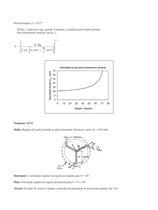 Para inclinação, µ Ͼ 0,377
Da Eq. 2, deduzimos que, quando ␪ aumenta, a tendência para tombar diminui.
Para tombamento iminente, da Eq. 3,
V
W Mg
A h
W
sen
ϭ
Ϫ2
2
2
1 2
␳ ␪ ␪cos
/
















Problema *4.172
Dados: Regador de jardim girando no plano horizontal. Despreze o atrito. Q ϭ 68 L/min.
Determine: A velocidade angular em regime permanente para ␪ ϭ 30°.
Plote: Velocidade angular em regime permanente para 0 Յ ␪ Յ 90°.
Solução: Escolha VC rotativo. Aplique o princípio da quantidade de movimento angular, Eq. 4.53.
Velocidadedojato,Vjato(m/s)
Velocidade do jato para tombamento iminente
Ângulo, ␪ (graus)
(Gira)
CAP004/5 11/4/02, 2:37 PM67
 
