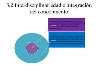 5.2 Interdisciplinariedad e integración
del conocimiento
El concordismo Un criterio orientado a identificar
concordancia entre la verdad científica y la religiosa, y
el colectivismo, que consiste en buscar puntos
comunes o que puedan compartirse entre las
distintas disciplinas.
La multidisciplinariedad Un diálogo entre las ciencias
en el que cada disciplina se mantiene dentro de su
enfoque, métodos, categorías y especialidad, sin más
compromiso que la exposición de su punto de vista
sobre un tema, en una exposición de conocimientos.
 