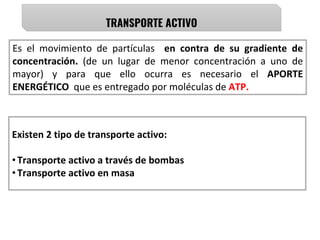 TRANSPORTE ACTIVO
Es el movimiento de partículas en contra de su gradiente de
concentración. (de un lugar de menor concentración a uno de
mayor) y para que ello ocurra es necesario el APORTE
ENERGÉTICO que es entregado por moléculas de ATP.
Existen 2 tipo de transporte activo:
•Transporte activo a través de bombas
•Transporte activo en masa
 