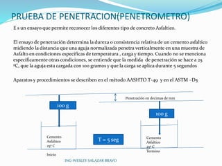 PRUEBA DE PENETRACION(PENETROMETRO) 
E s un ensayo que permite reconocer los diferentes tipo de concreto Asfaltico. 
El ensayo de penetración determina la dureza o consistencia relativa de un cemento asfaltico 
midiendo la distancia que una aguja normalizada penetra verticalmente en una muestra de 
Asfalto en condiciones especificas de temperatura , carga y tiempo. Cuando no se menciona 
específicamente otras condiciones, se entiende que la medida de penetración se hace a 25 
ºC, que la aguja esta cargada con 100 gramos y que la carga se aplica durante 5 segundos 
Aparatos y procedimientos se describen en el método AASHTO T-49 y en el ASTM –D5 
Cemento 
Asfaltico 
25º C 
Inicio 
Penetración en decimas de mm 
Cemento 
Asfaltico 
25º C 
Termino 
100 g 
100 g 
T = 5 seg 
ING-WESLEY SALAZAR BRAVO 
 
