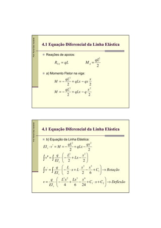 Prof. Romel Dias Vanderlei




                             4.1 Equação Diferencial da Linha Elástica

                               Reações de apoios:
                                                                  qL2
                                         RVA = qL            MA =
                                                                   2
                               a) Momento Fletor na viga:
                                              qL2             x
                                         M =−     + qLx − qx
                                               2             2
                                              qL2           x2
                                         M =−     + qLx − q
                                               2             2
Prof. Romel Dias Vanderlei




                             4.1 Equação Diferencial da Linha Elástica

                               b) Equação da Linha Elástica:
                                                  qL2         qx 2
                             EI z ⋅ v = M = −
                                    ''
                                                      + qLx −
                                                   2            2
                                        q  L      2
                                                           x 
                                                            2

                             ∫ v′′ = ∫ EI z ⋅  − 2 + Lx − 2 
                                              
                                              
                                                              
                                                              
                                      q    L          x 2 x3        
                             ∫ v = ∫ EI z
                                        ⋅  − ⋅ x + L ⋅ − + C1  → Rotação
                                '
                                                                    
                                           2          2 6           
                                 q  L2 x 2 Lx 3 x 4                      
                             v=     ⋅−       +      −     + C1 ⋅ x + C 2  → Deflexão
                                EI z 
                                           4     6    24                 
                                                                          
 