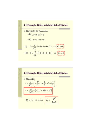 Prof. Romel Dias Vanderlei




                             4.1 Equação Diferencial da Linha Elástica

                               Condição de Contorno:
                                 (I) x = 0 → v' = 0

                                    (II) x = 0 → v = 0


                                          ⋅ (− 0 + 0 − 0 + C1 ) ⇒ C1 = 0
                                       q
                             (I)     0=
                                      EIz

                                           ⋅ (− 0 + 0 − 0 + C2 ) ⇒ C2 = 0
                                       q
                             (II) 0 =
                                      EIz
Prof. Romel Dias Vanderlei




                             4.1 Equação Diferencial da Linha Elástica

                               Rotação:
                                  q         L2    L 2 x3 
                             v =
                               '
                                          ⋅− ⋅ x + ⋅ x − 
                                            2
                                 EI z             2     6 
                                                           
                             v' =
                                     qx
                                    6 EI z
                                           (
                                           ⋅ − 3L2 + 3 Lx − x 2   )

                                                                 qL3
                               θB = v′ → x = L ∴
                                     B                   v′ = −
                                                          B
                                                                6EIz
 