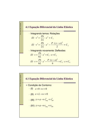 Prof. Romel Dias Vanderlei




                             4.1 Equação Diferencial da Linha Elástica

                                 Integrando temos: Rotações
                                             Pb 2
                                  EI ⋅ v ′ =    ⋅ x + C1
                                             2L
                                             Pb 2 P ⋅ ( x − a ) 2
                                  EI ⋅ v ′ =    ⋅x −              + C2
                                             2L          2
                                 Integrando novamente: Deflexões
                                          Pb 3
                                 EI ⋅ v =    ⋅ x + C1 ⋅ x + C 3
                                          6L
                                          Pb 3 P ⋅ ( x − a ) 3
                                 EI ⋅ v =    ⋅x −               + C2 ⋅ x + C4
                                          6L             6
Prof. Romel Dias Vanderlei




                             4.1 Equação Diferencial da Linha Elástica

                               Condição de Contorno:
                                 (I) x = 0 → v = 0

                                 (II) x = L → v = 0

                                 (III) x = a → vesq = v′
                                                ′      dir


                                 (IV) x = a → vesq = vdir
 