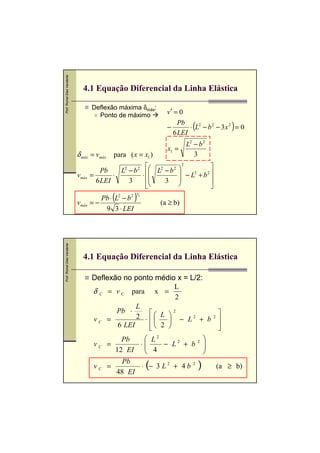 Prof. Romel Dias Vanderlei




                               4.1 Equação Diferencial da Linha Elástica

                                    Deflexão máxima δmáx:
                                      Ponto de máximo                v′ = 0

                                                                     −
                                                                           Pb
                                                                         6 LEI
                                                                                (               )
                                                                               ⋅ L2 − b 2 − 3 x 2 = 0

                                                                              L2 − b 2
                                                                     x1 =
                             δ máx = vmáx   para ( x = x1 )                      3
                                                                            2
                                                                                        
                                        Pb    L2 − b 2  L2 − b 2         
                             vmáx   =       ⋅         ⋅                    − L2 + b 2 
                                      6 LEI      3         3                         
                                                                                     
                                            (          )
                                                       3
                                       Pb ⋅ L2 − b 2       2

                             vmáx   =−                             (a ≥ b)
                                        9 3 ⋅ LEI
Prof. Romel Dias Vanderlei




                               4.1 Equação Diferencial da Linha Elástica

                                    Deflexão no ponto médio x = L/2:
                                                              L
                                    δ C = v C para x =
                                                               2
                                                  L
                                           Pb ⋅
                                                  2 ⋅  L  − L2 + b 2 
                                                              2

                                    vC =                             
                                            6 LEI       2 
                                                                       
                                                                        
                                             Pb       L2             
                                    vC =            ⋅     − L2 + b 2 
                                           12 EI  4 
                                                                      
                                                                      
                                     vC =
                                                  Pb
                                                48 EI
                                                               (
                                                      ⋅ − 3 L2 + 4b             2
                                                                                    )       (a ≥ b)
 