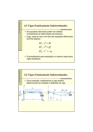Prof. Romel Dias Vanderlei




                             4.2 Vigas Estaticamente Indeterminadas

                               As equações adicionais podem ser obtidas
                               considerando as deformações da estrutura.
                               Logo, pode-se usar uma das três equações diferenciais
                               da linha elástica:

                                             EI z ⋅ v′′ = M
                                             EI z ⋅ v′′′ = Q
                                             EI z ⋅ v '''' = −q

                               O procedimento para resolução é o mesmo usado para
                               vigas isostáticas.
Prof. Romel Dias Vanderlei




                             4.2 Vigas Estaticamente Indeterminadas

                               Como exemplo, analisaremos a viga anterior
                               determinando as rotações e deflexões da viga.
 