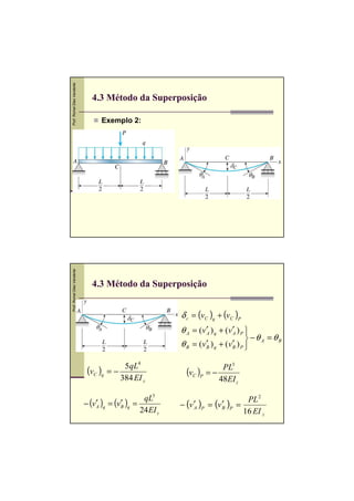 Prof. Romel Dias Vanderlei




                                4.3 Método da Superposição

                                   Exemplo 2:
Prof. Romel Dias Vanderlei




                                4.3 Método da Superposição


                                                             δ c = (vC )q + (vC )P
                                                             θ A = (v′A ) q + (v′A ) P 
                                                                                       
                                                                                       −θA = θB
                                                             θ B = (v ′ ) q + (v ′ ) P 
                                                                      B          B     

                                           5qL4
                              (vC )q   =−                      (vC )P   =−
                                                                            PL3
                                          384 EI z                         48EI z

                                                    qL3
                             − (v′ )q = (v′ )q
                                 A        B      =           − (v ′ )P = (v ′ )P =
                                                                  A         B
                                                                                      PL 2
                                                   24 EI z                           16 EI z
 