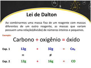 Lei de Dalton
Ao combinarmos uma massa fixa de um reagente com massas
diferentes de um outro reagente, as massas que variam
possuem uma relação(divisão) de números inteiros e pequenos.
Exemplo:
Carbono + oxigênio = óxido
Exp. 1 12g + 32g = Co₂
Exp. 2 12g + 16g = CO
= ≠
 
