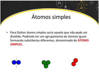 Átomos simples
• Para Dalton átomo simples seria aquele que não pode ser
dividido. Podendo ter um agrupamento de átomos iguais
formando substâncias diferentes, denominado de ÁTOMO
SIMPLES.
 